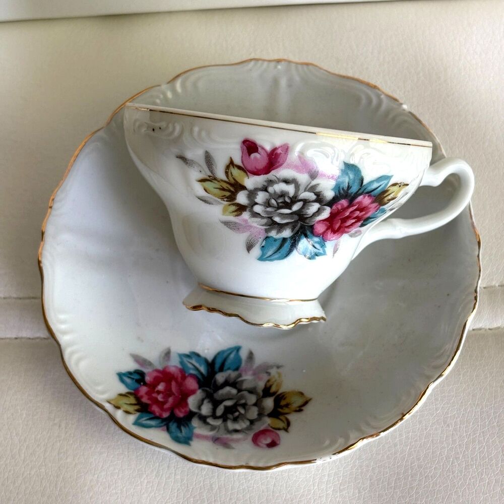 Vintage Made in Japan Floral Teacup Saucer Set White Gold Trim Porcelain